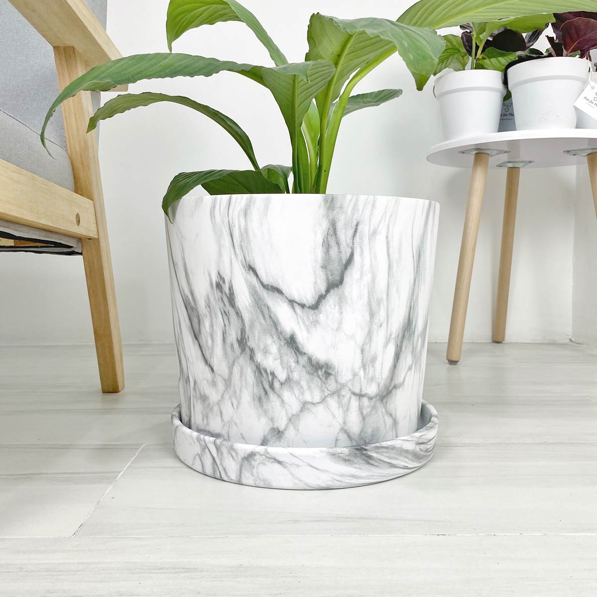 Marbled Ceramic Floor Planter with Catchplate - Pots For Plants
