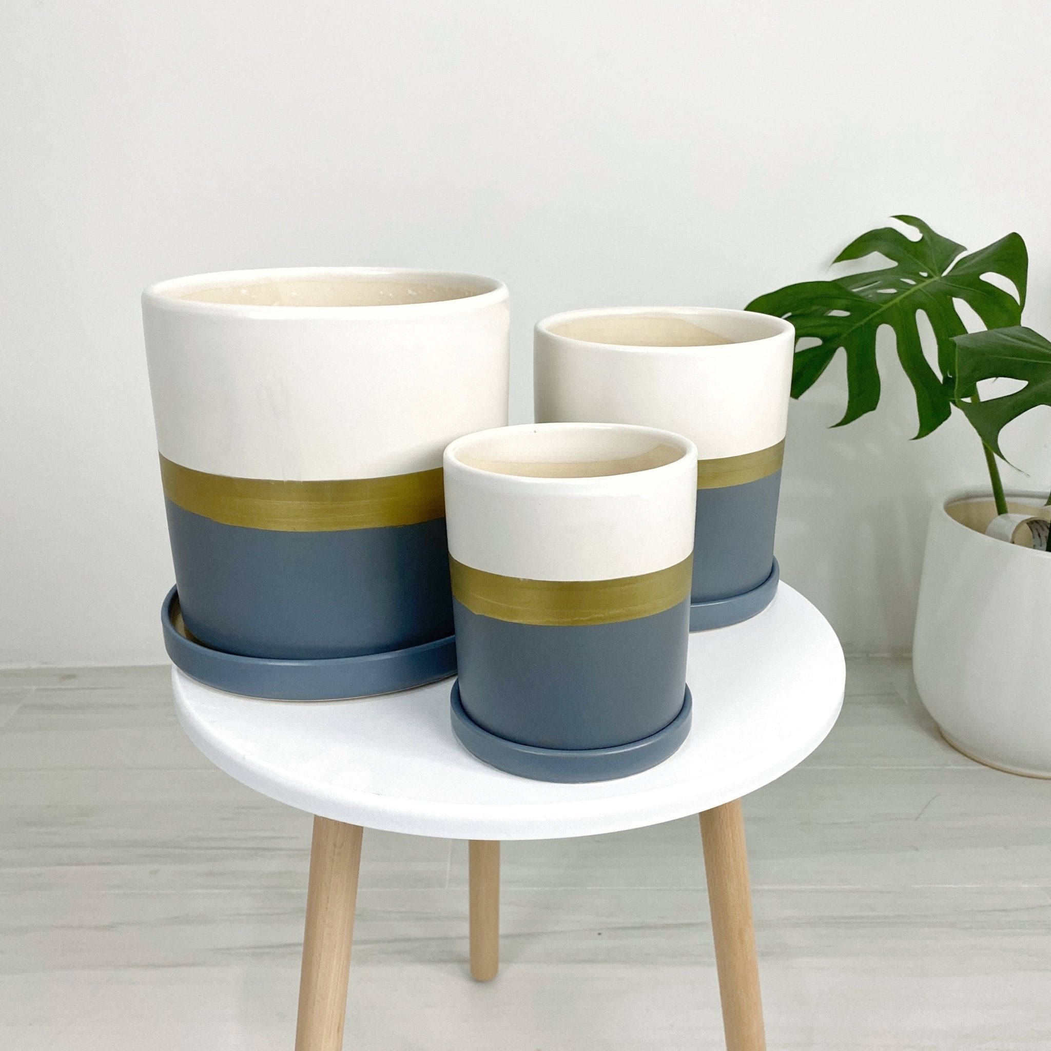 Cylinder Glazed Clay Ceramic Pot with Ceramic Saucer - Pots For Plants