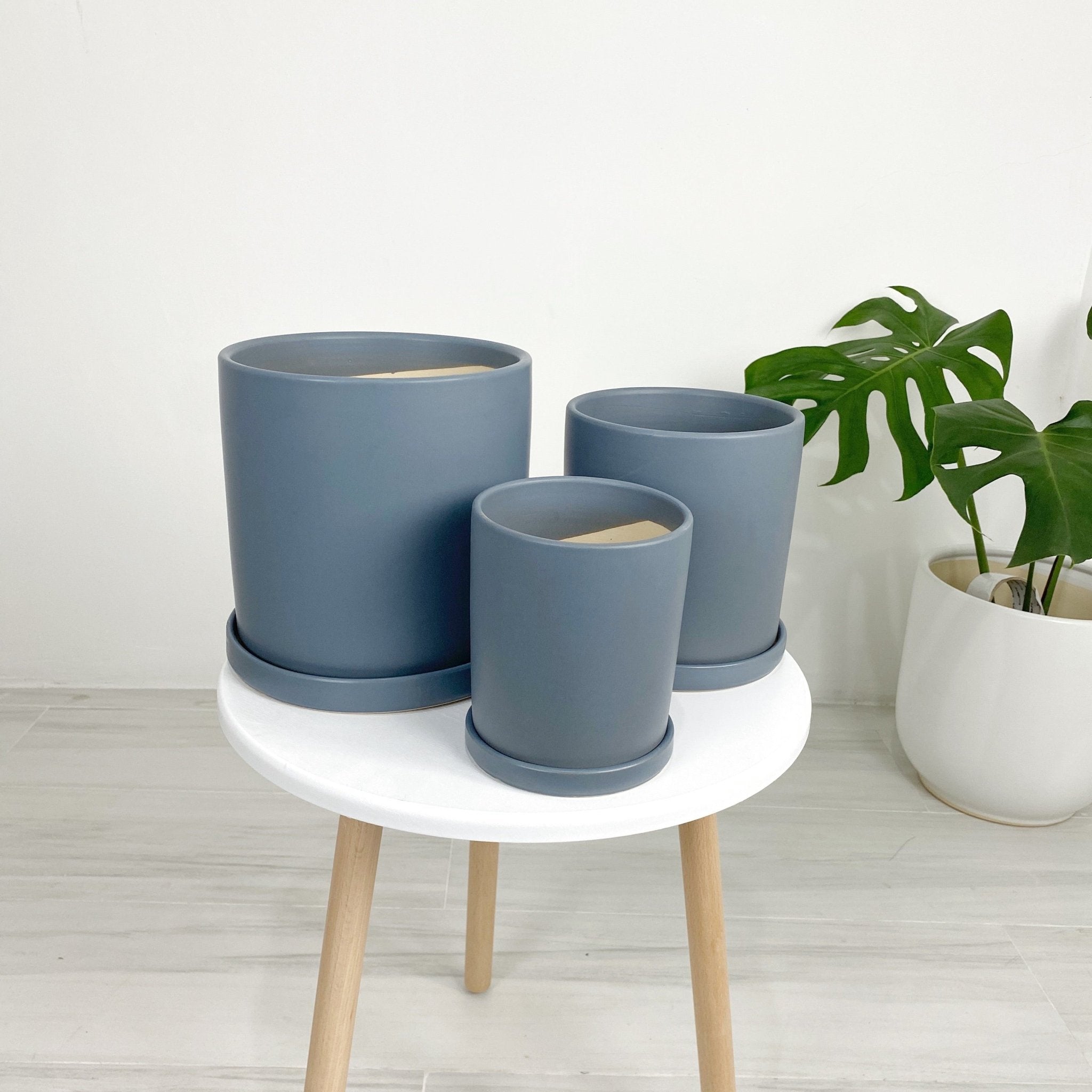 Cylinder Glazed Clay Ceramic Pot with Ceramic Saucer - Pots For Plants