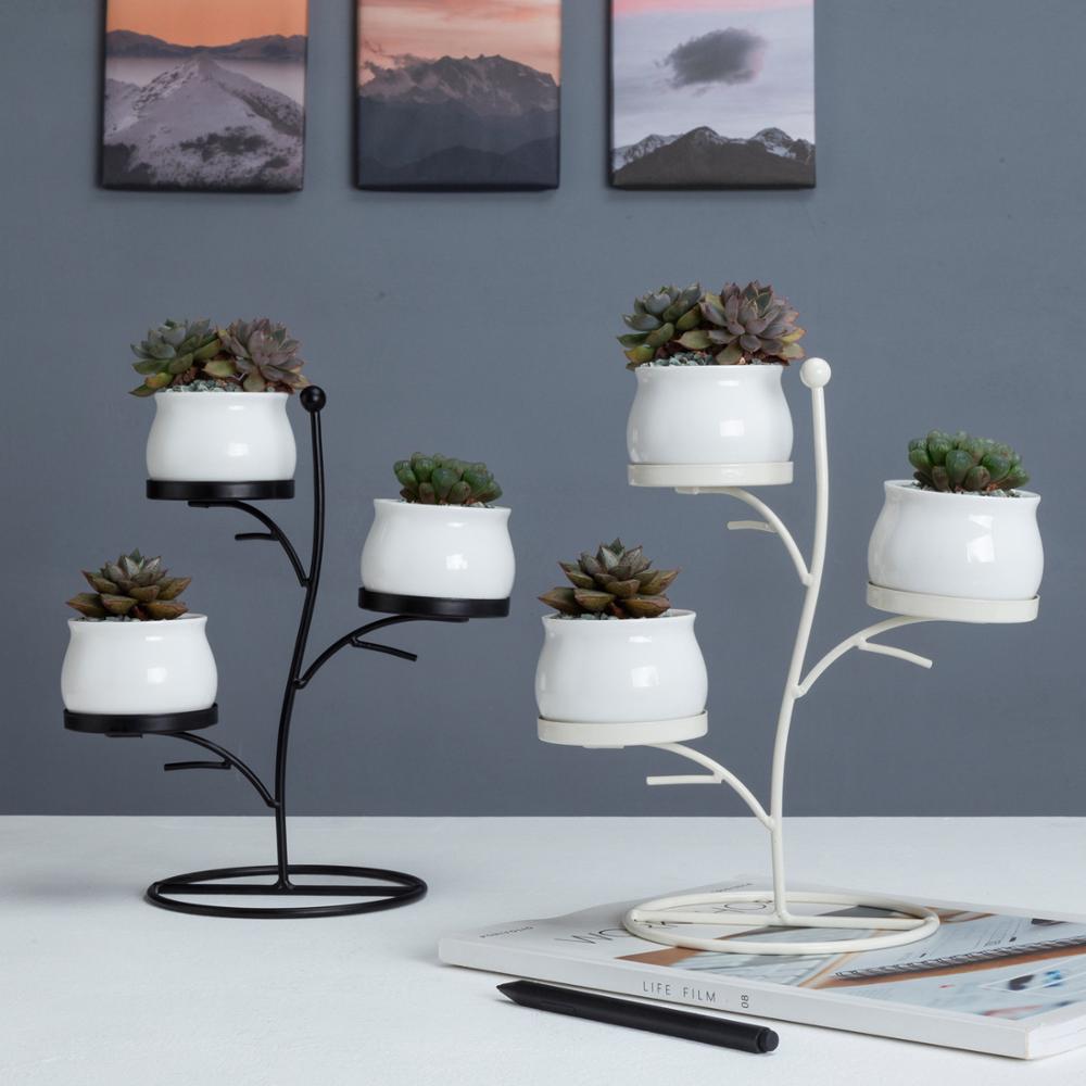 Round Porcelain Desk Pots with Iron Stand - Pots For Plants