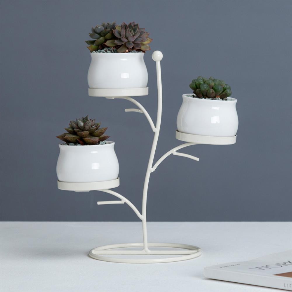 Round Porcelain Desk Pots with Iron Stand - Pots For Plants